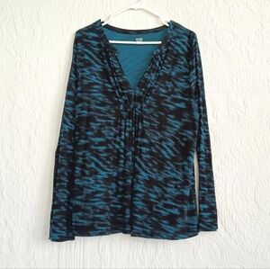 a.n.a Blue Black Boho Tunic Long Sleeve Top Flowy Tie Dye Jewel tone V Neck Plus